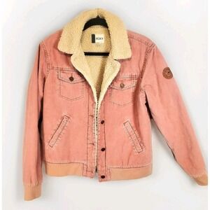 Roxy Women's Small Pink Corduroy‎ Sherpa Lined Good Fortune Trucker Jacket Retro